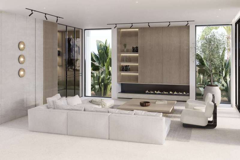 Elegant Organic Modern living space featuring a slatted wood fireplace wall, floating shelves, and large-format flooring with garden views.