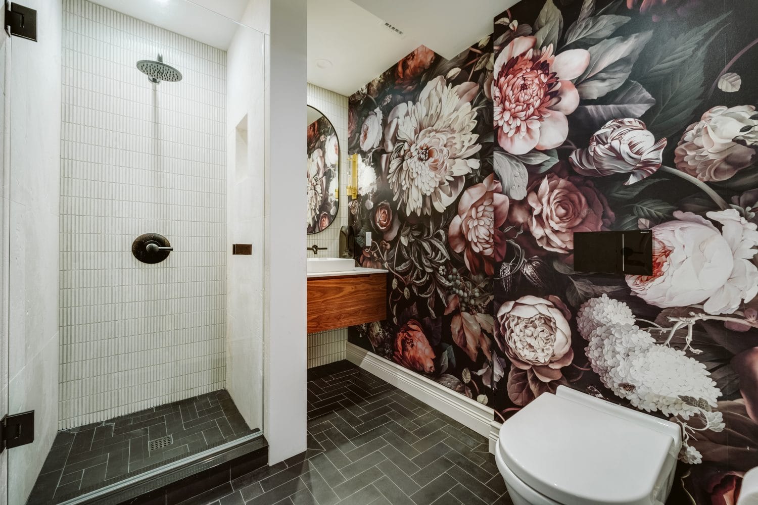 Boho Beach bathroom: Jupiter, FL villa fun flower wallpaper bathroom