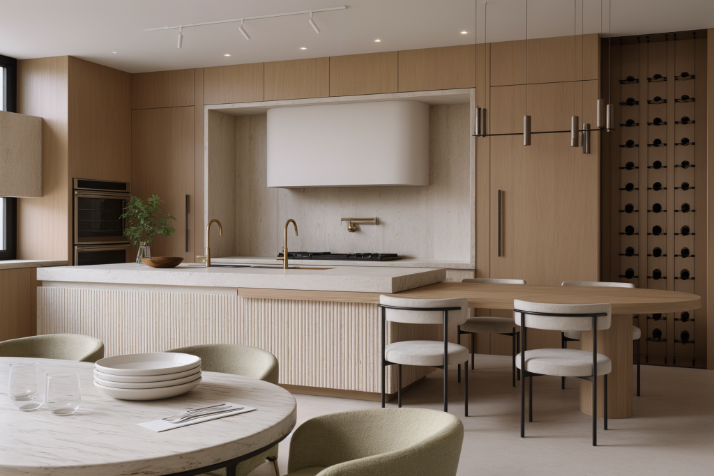 Organic modern kitchen and dining design in Fort Lauderdale with travertine, limewash, custom hood, and white oak finishes