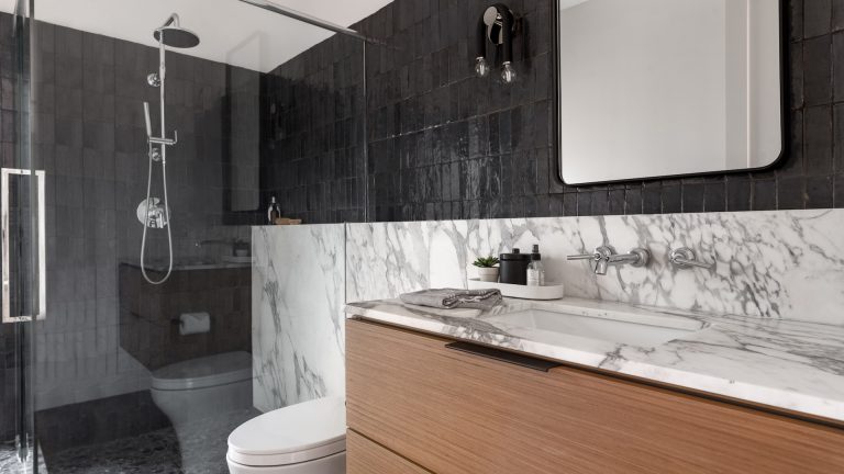 organic modern bathroom wilton manors fort lauderdale masculine zellige tile marble vanity