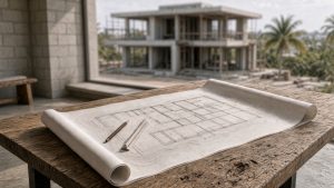 Architectural floor plan unrolled on a wood table with a home under construction visible through the window behind it