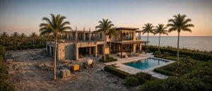 Custom home under construction at golden hour, with framing on one side and finished landscaping and a pool on the other