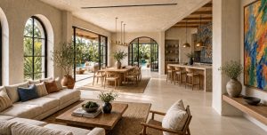 Wide view through a South Florida home showing a living area, dining area, kitchen, and covered terrace finished to one consistent level